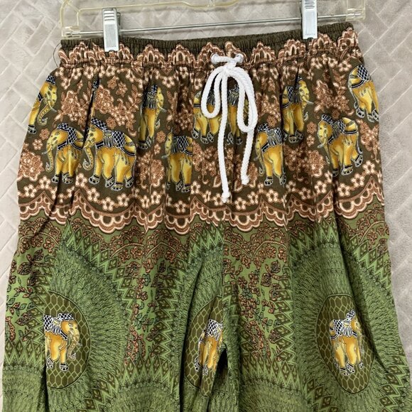 Kathmandu Imports Sz M Pants Green Colorful Elephant Baggy Boho Hippie Festival - Picture 2 of 16